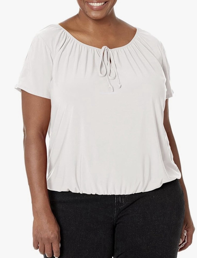 Women’s White Short/Slit Sleeve Keyhole-tie Peasant Top Bubble Hem Blouse Sz 2X