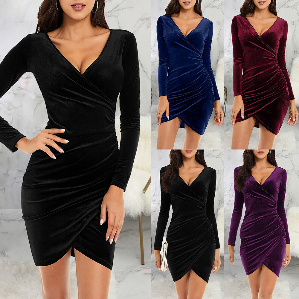 Women Sexy Velvet Mini Bodycon Dress Ladies Long Sleeve Evening Party Wrap Dress