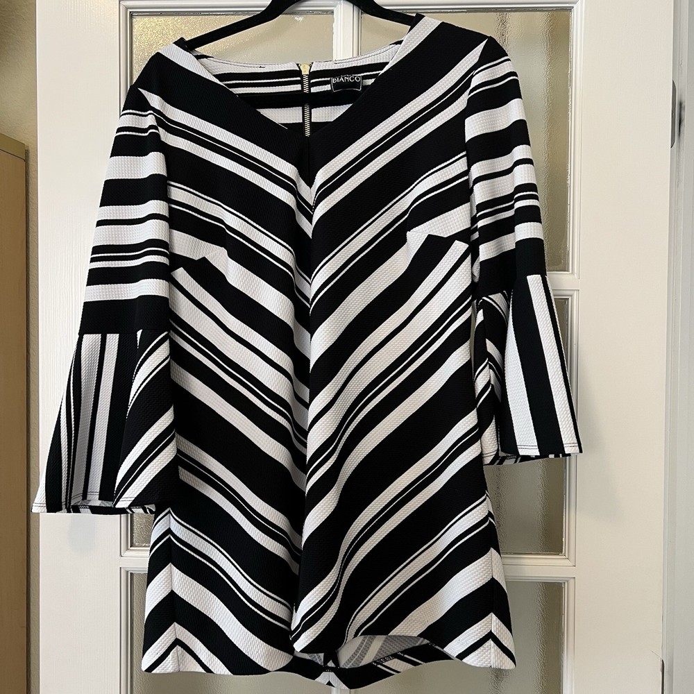 Coco Bianco Women’s Tunic Top Size L Flared 3/4 Sleeve Black-White Striped