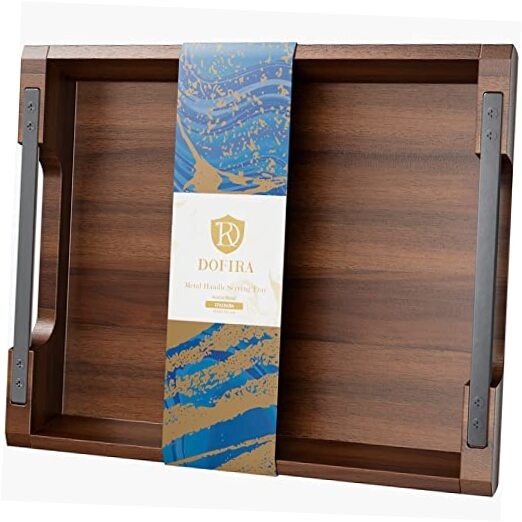Acacia Wood Serving Tray with Sturdy Metal Handles 17x13 Inch for Food Drinks and Entertaining-image