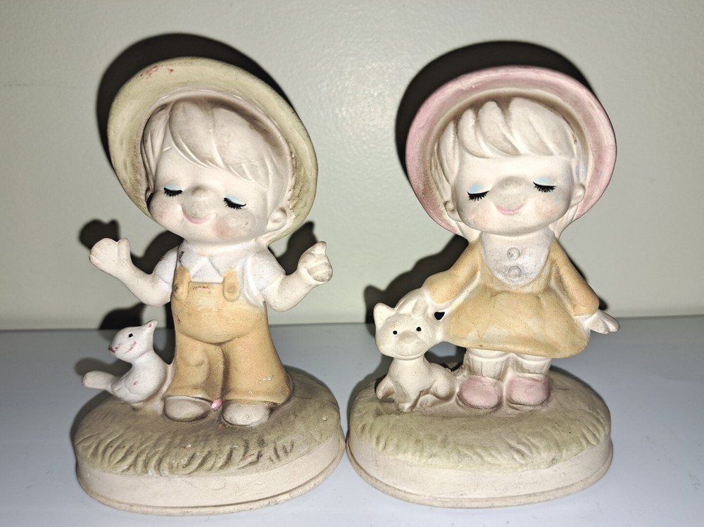 Vintage 70's UCTCI Japan Girl w/cat and Boy w/bird Figurines
