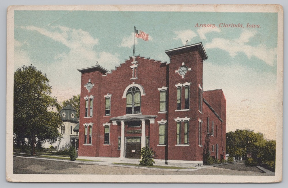 State View~Clarinda Iowa~Armory~Flying Flag~Vintage Postcard