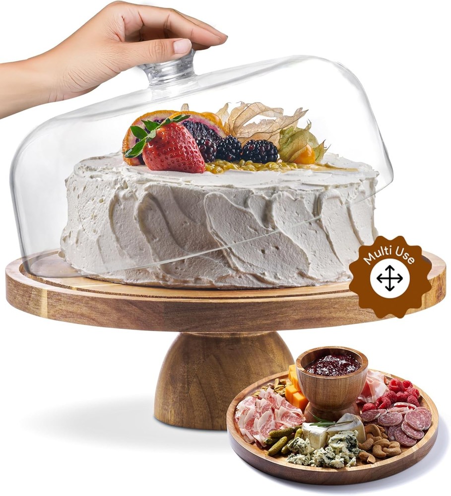 12In Acacia Wood Cake Stand with Lid - 2-in-1 Dessert Display & Serving Tray-image