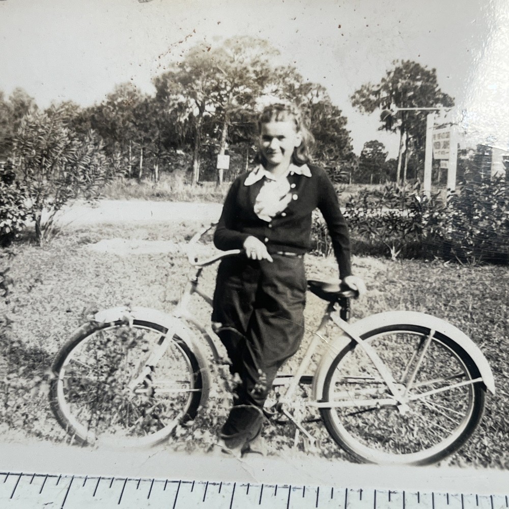 Vintage photograph Snapshot Lady & Her Old Classic Bike 1930s  - A1
