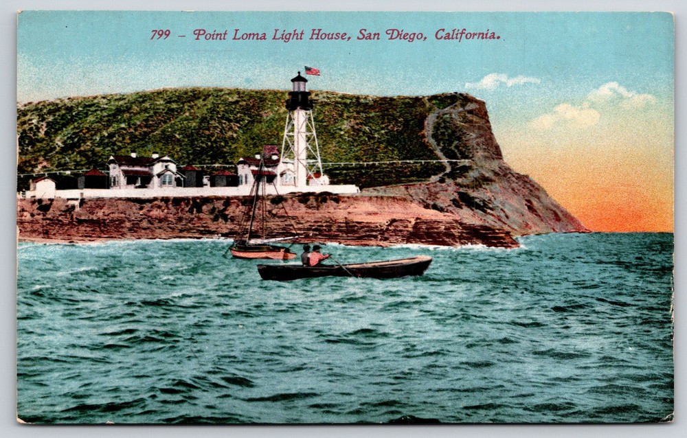 San Diego California~Point Loma Light House~Sailboat~Flag~Sunset~c1910 Postcard