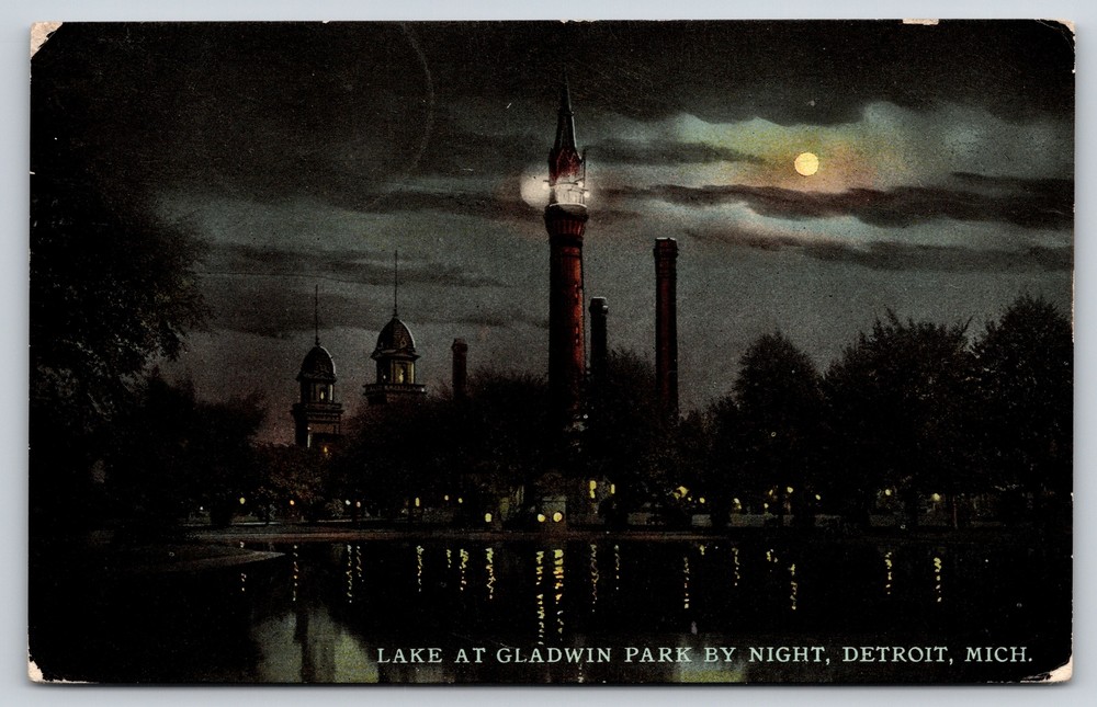 Detroit Michigan~Lake At Gladwin Park At Night~Vintage Postcard