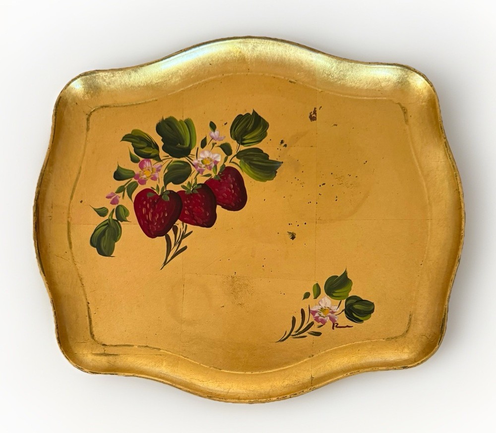 Vintage MCM Nashco Hand Painted Strawberry Gold Toleware Lacquer Tray