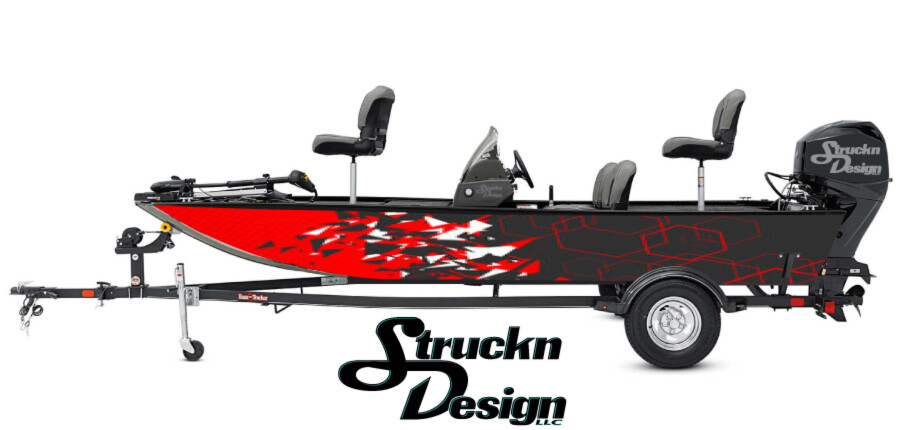 Boat Wrap Black Red Gray Vinyl Graphic Decal Kit Fishing Abstract Shatter Lines-image