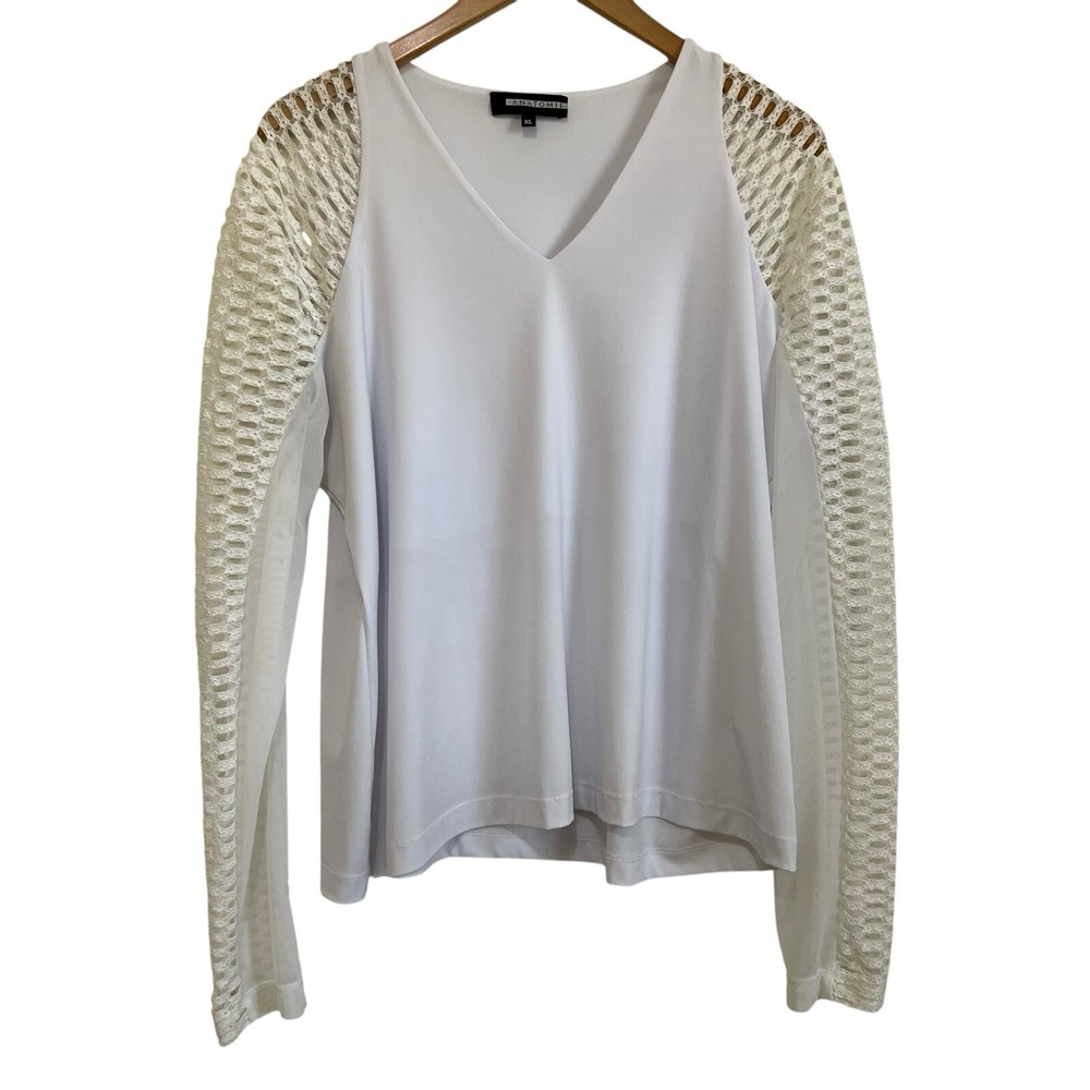 Anatomie White V-Neck Long Sleeve Mesh & Lace Top Women’s XL