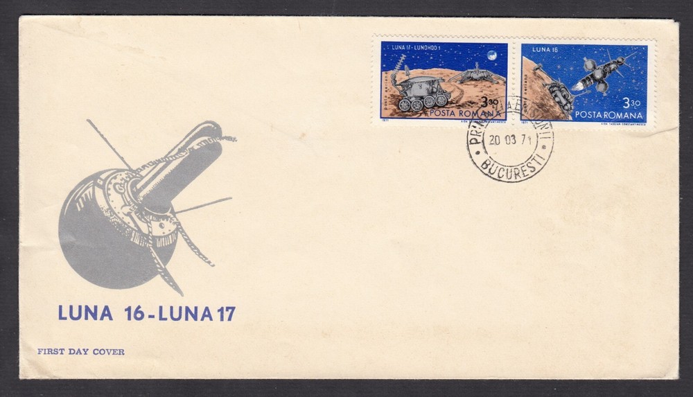 1971 Soviet USSR Luna 16 , 17  Lunohod Moon Romanian Stamp FDC cover envelope