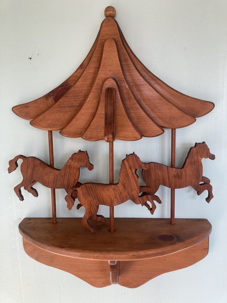 Vintage Homemade Wooden Carousel Wall Hanging 3D Adjustable Horses Circus 24”