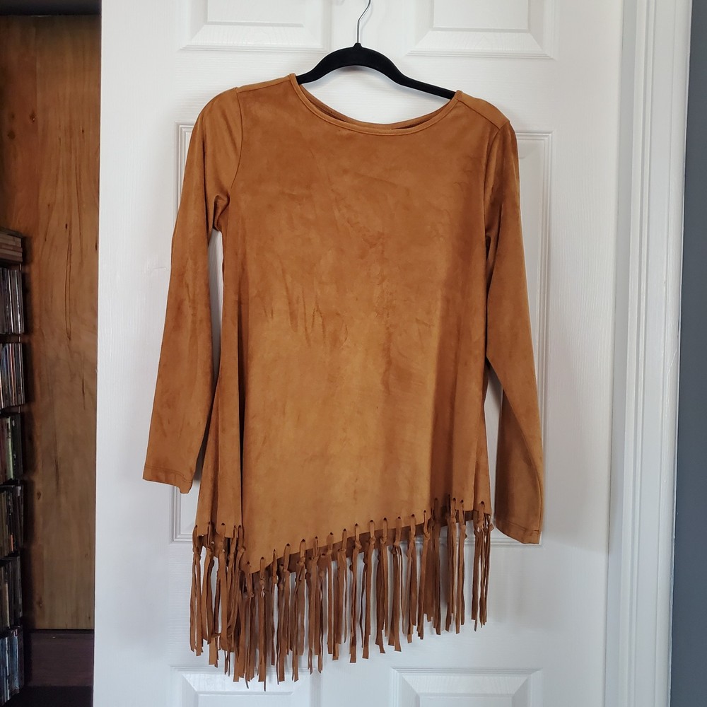 DG2 Faux Suede Fringe Pullover Tunic Asymmetrical Hem Long Sleeve Brown Sz Small