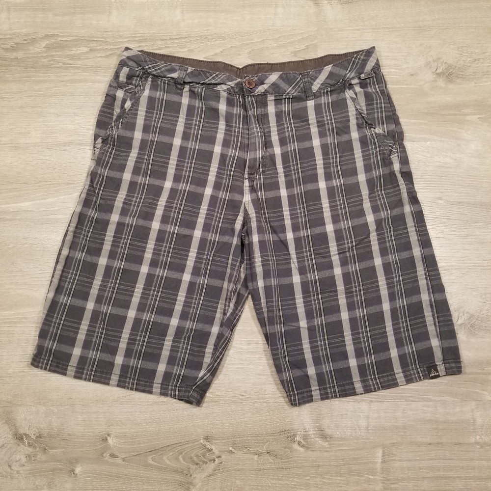 Prana Mens Bermuda Gray Plaid Shorts Size 36 Organic Cotton Casual Summer