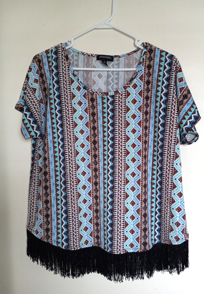 Notations Women's M Geo Prints Short Sleeve Fringe Bottom Scoop Neck EUC