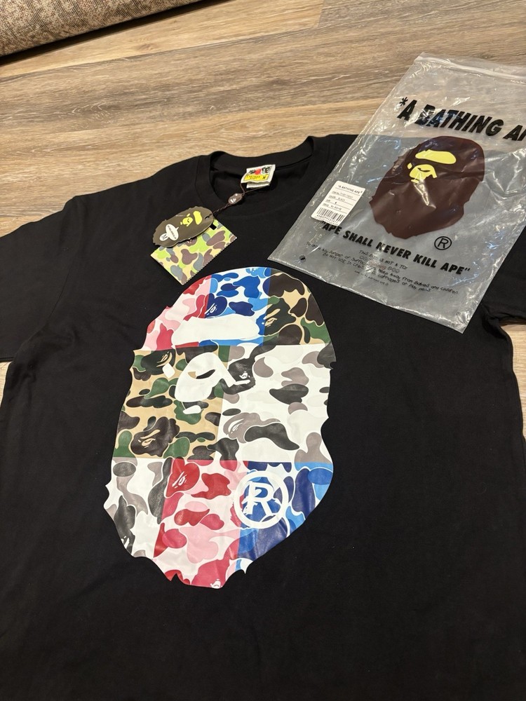 A Bathing Ape Black Camouflage Logo Graphic Crew Neck Men's T-Shirt Size M