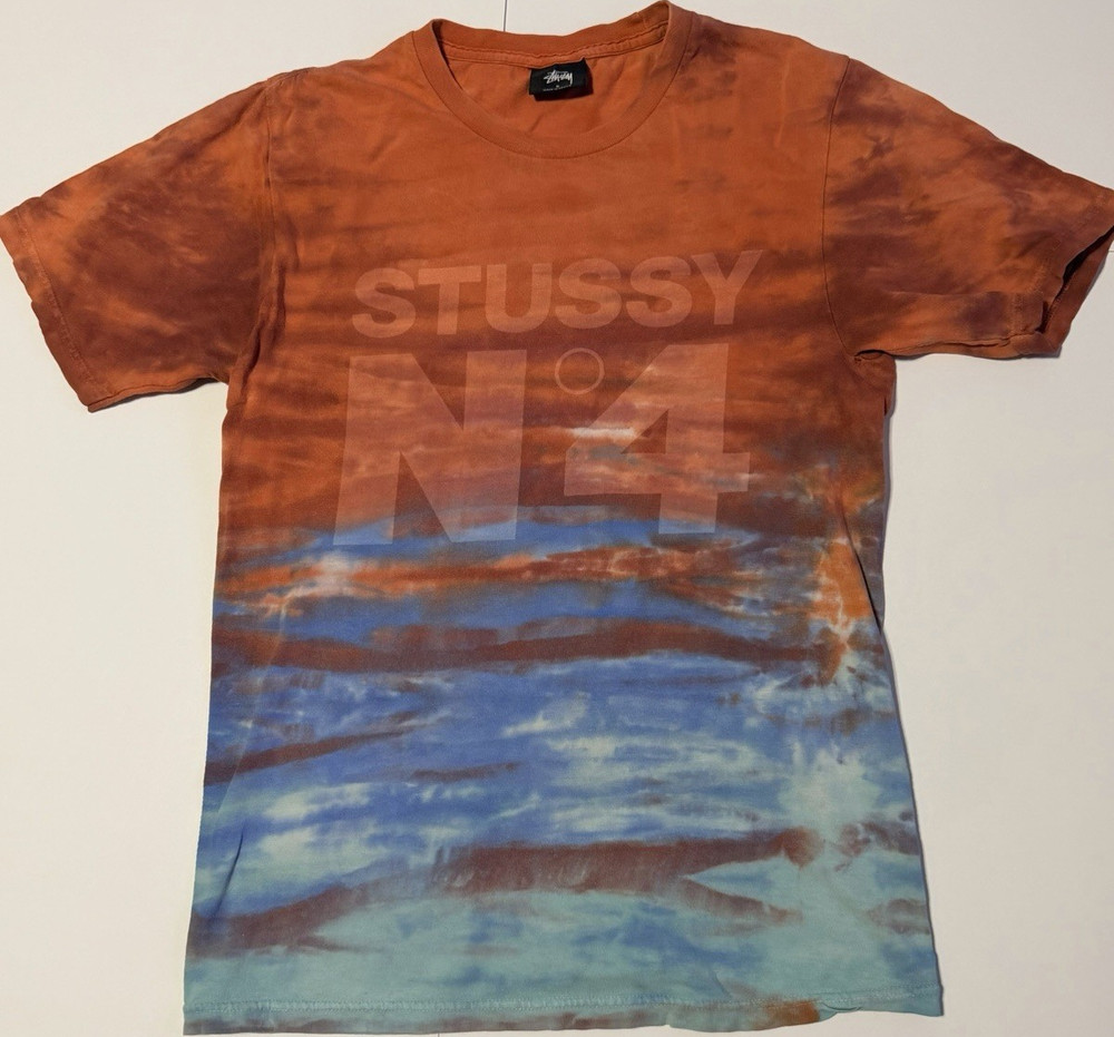 Stussy Men's S Orange Blue Short Sleeve Crew Neck Tie-Dye Logo T-Shirt