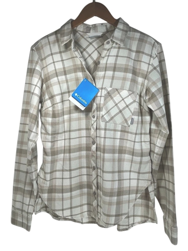 COLUMBIA Flannel Shirt Sz XS Cream Tan Plaid Button Down All Season Cotton Knit