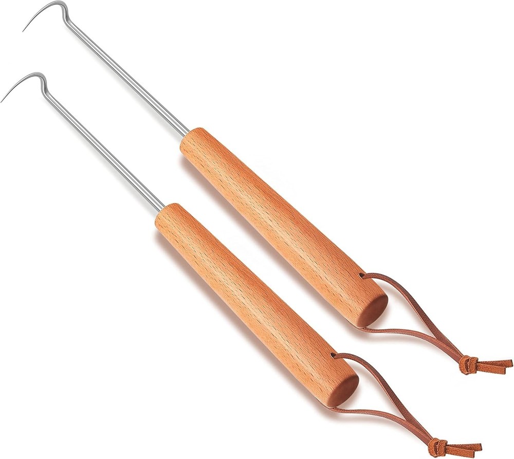 Pigtail Food Flipper Stainless Steel BBQ Meat Turner Hook Grill Tongs Wood Hand