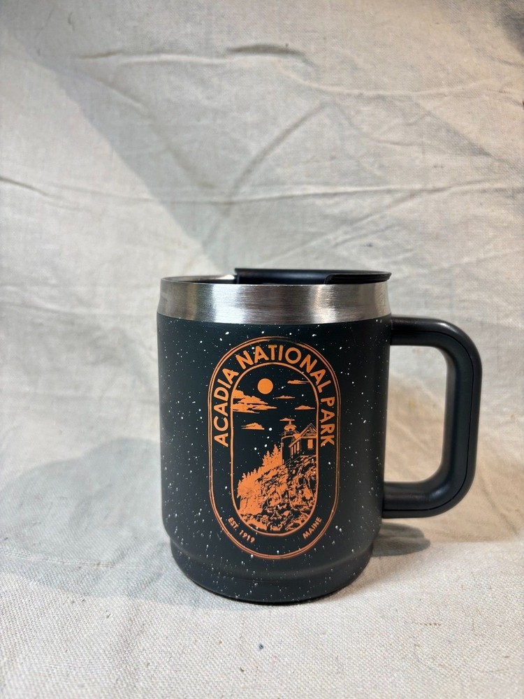 Acadia National Park Metal Mug With Lid Black With Orange Letters-image