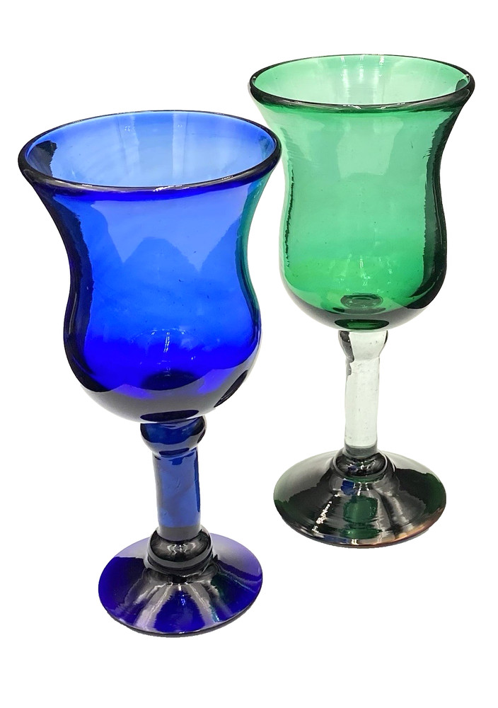 2 New Mexican Hand-Blown Stem Goblets, Recycled Glass, Cobalt/Emerald, 8