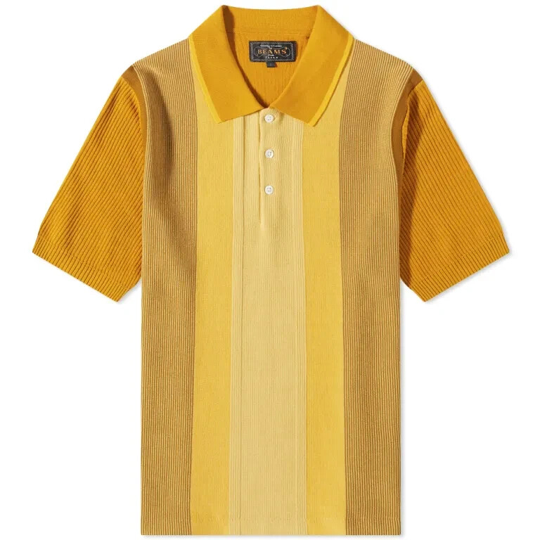 Beams Plus Stripe Knit Polo Shirt Yellow S