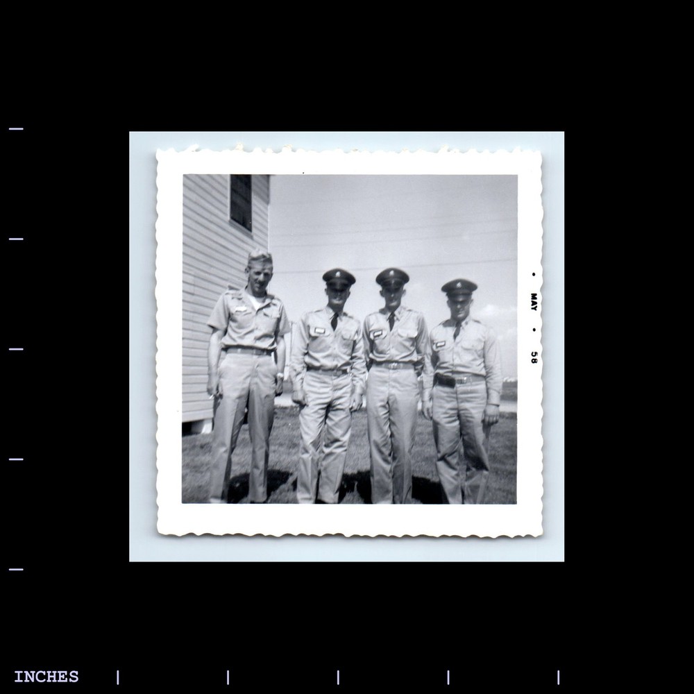 Old Square Photo ARMY MEN SOLDIERS OUTSIDE BARRACKS FORT HOOD 1958
