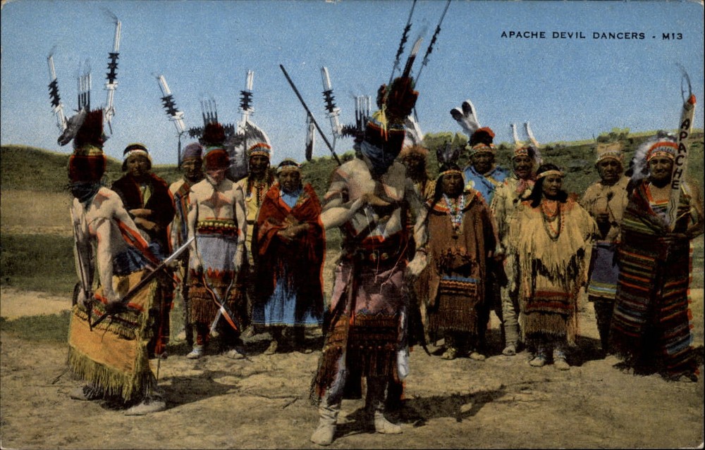 Mescalero New Mexico Apache Indian Devil Dance full regalia 1950s linen postcard