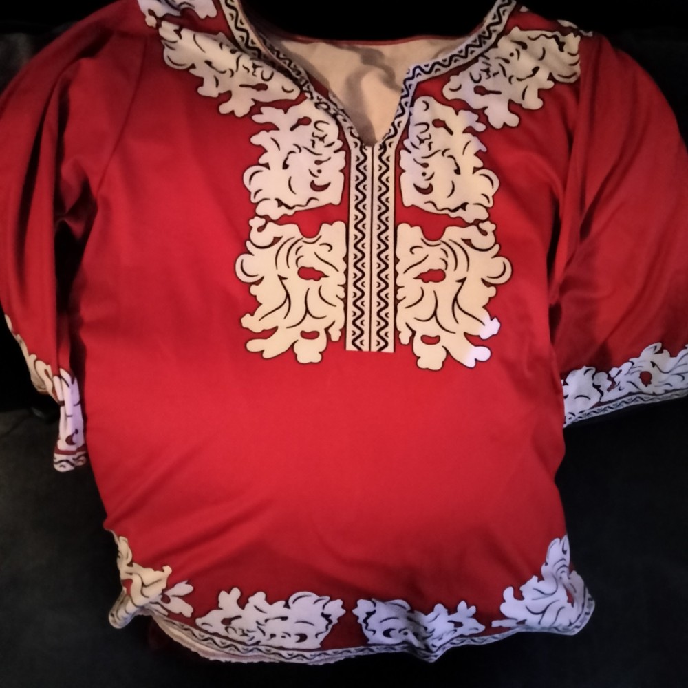 Red White Embroidered Floral Tunic Blouse V-Neck Long Sleeve Pullover Women