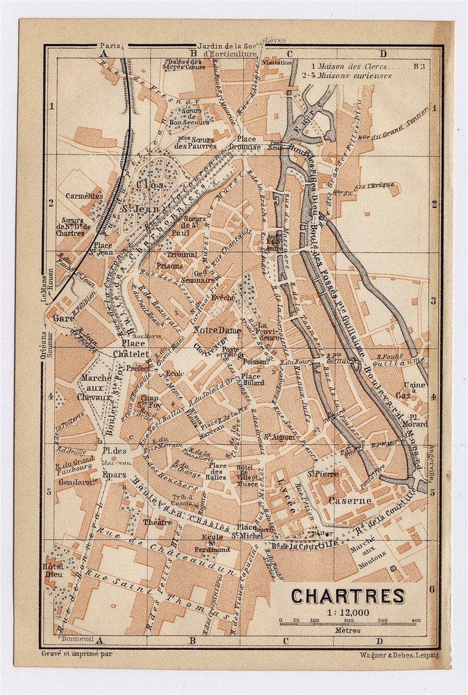 1905 Antique City Map Of Chartres / France