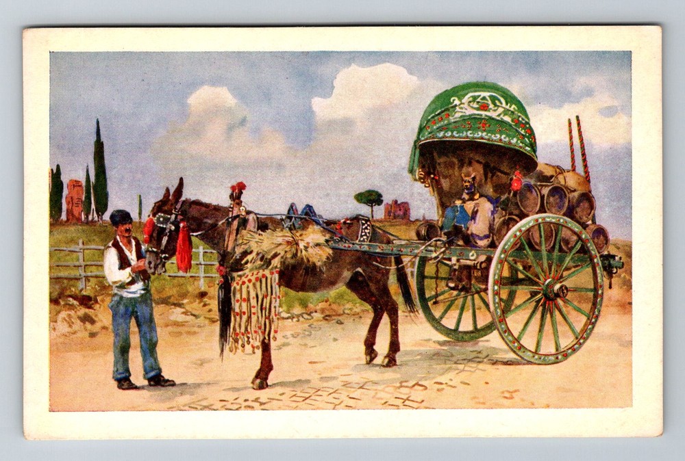 Italy- Decorated Wine Cart & Driver Old Postal PC Card Souvenir Vintage Postcard