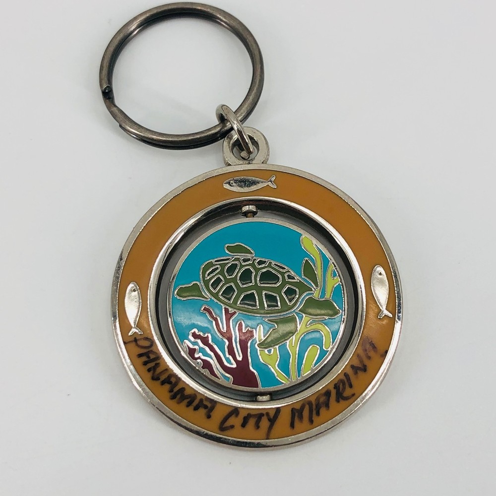 Panama City Marina Florida Souvenir Metal Spinner Keychain w/ Sea Turtle