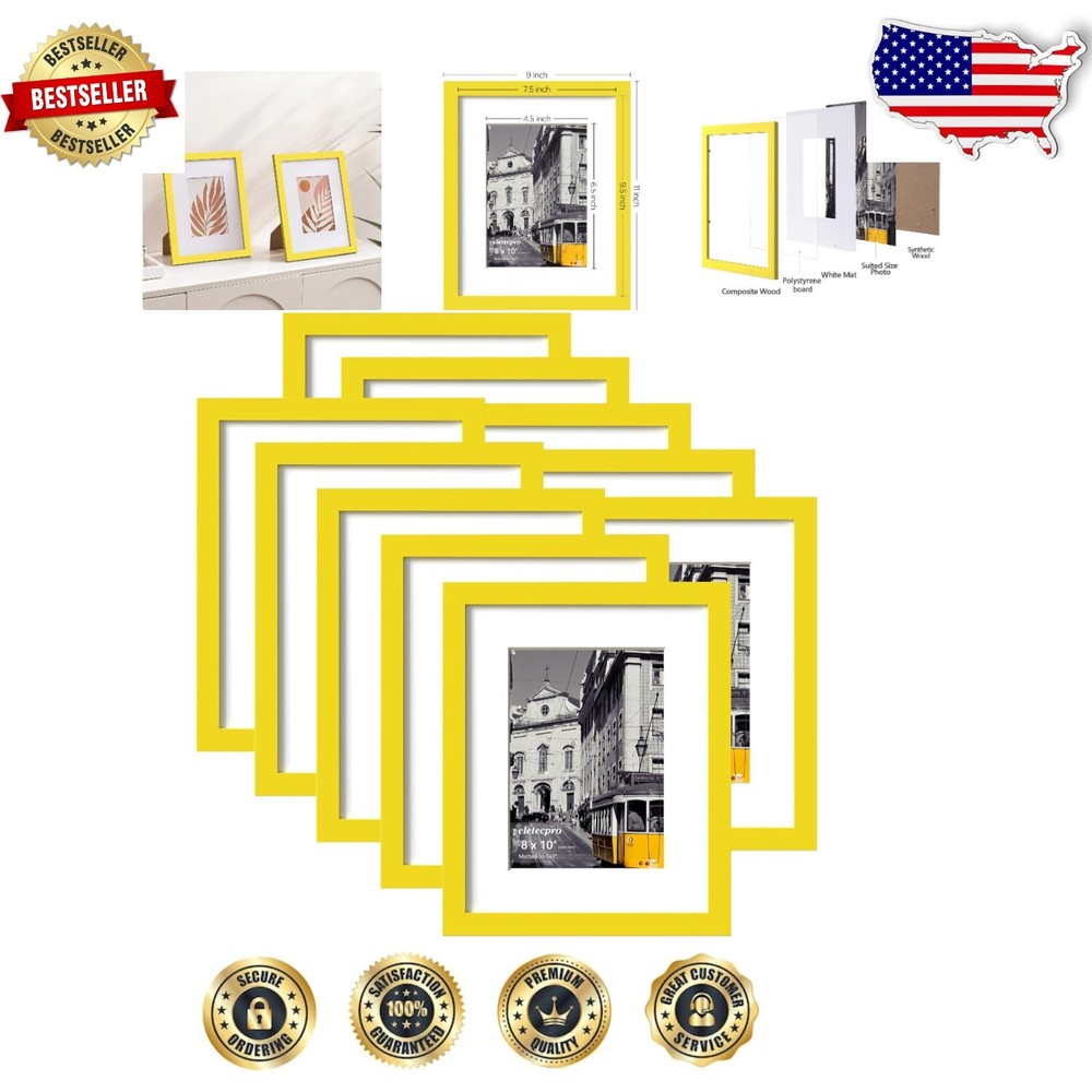 Versatile 8x10 Picture Frames Set of 10 - Matte Yellow for Home Gallery Display