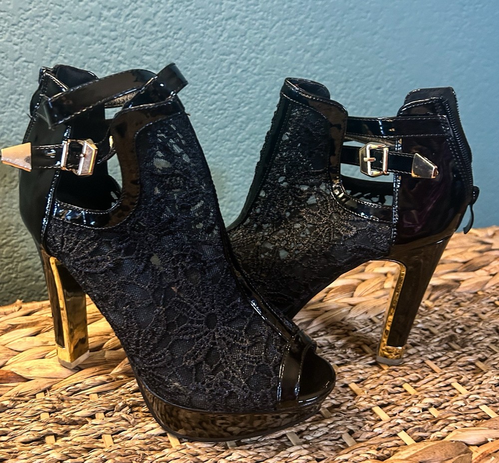 GETMOREBEAUTY Sz 38 Patent Leather Lace Flowers Open Toe High Heels Ankle Boots