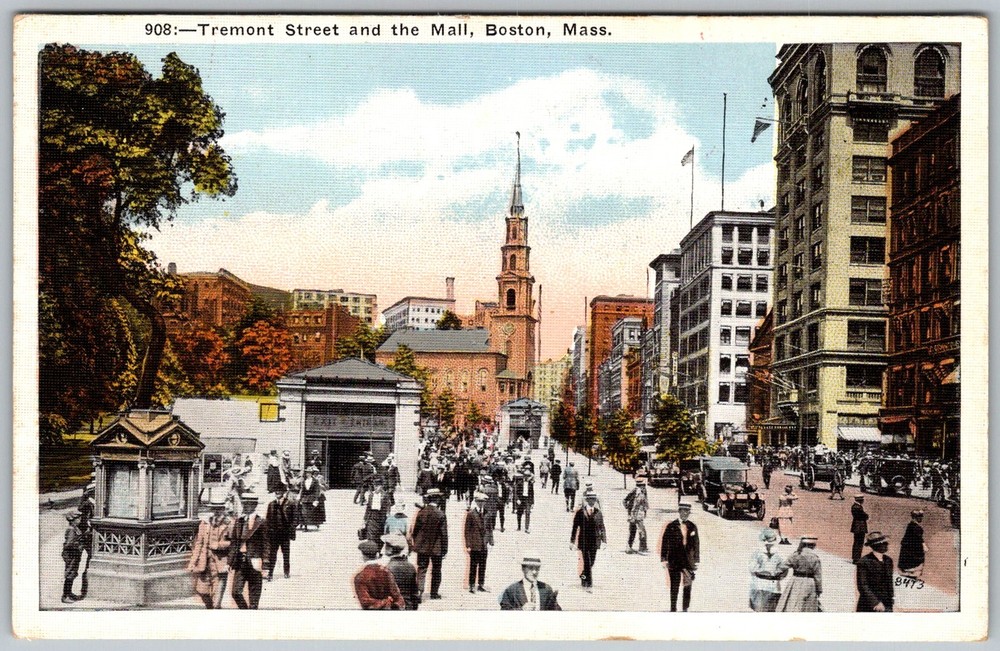 Antique Postcard Park Street Church Scene Boston, MA 1910s