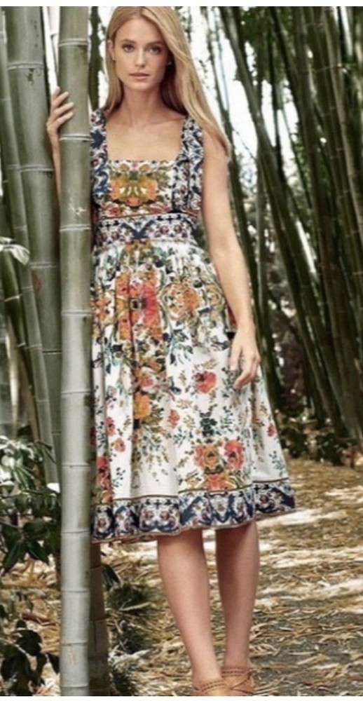Antonio Melani Women's Size 10 Floral Poplin Cotton A-Line Square Neck Bow Dress