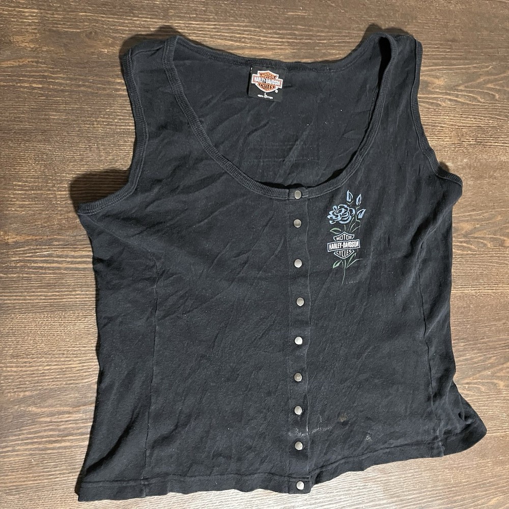 1998 Womens Harley Davidson Black Tank Top with Snap Buttons Size Large