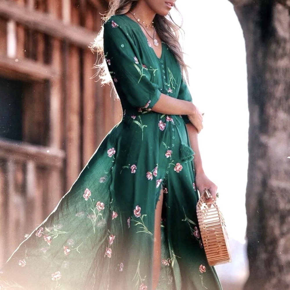 Jaase Indiana Maxi Dress Sz  L  Absynthe Print Boho Green Floral Button Front-image