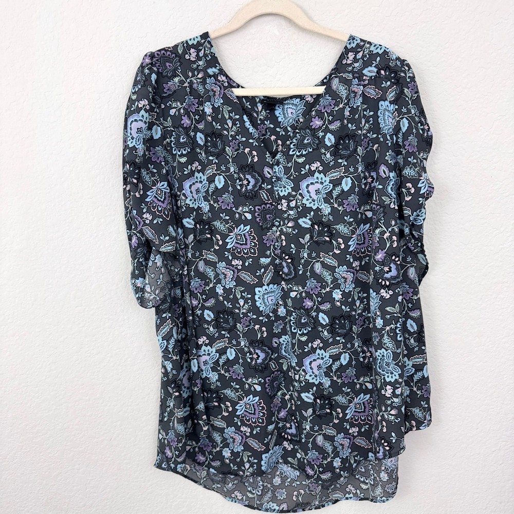 Torrid Womens Harper Georgette Blouse Top Size 4X Floral Ruched Sleeve Blue