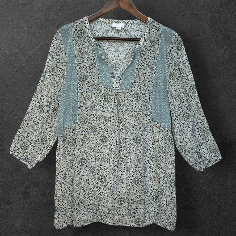 J.Jill Womens Top Size M Blue Paisley Sheer 100% Rayon Peasant V Neck Boho