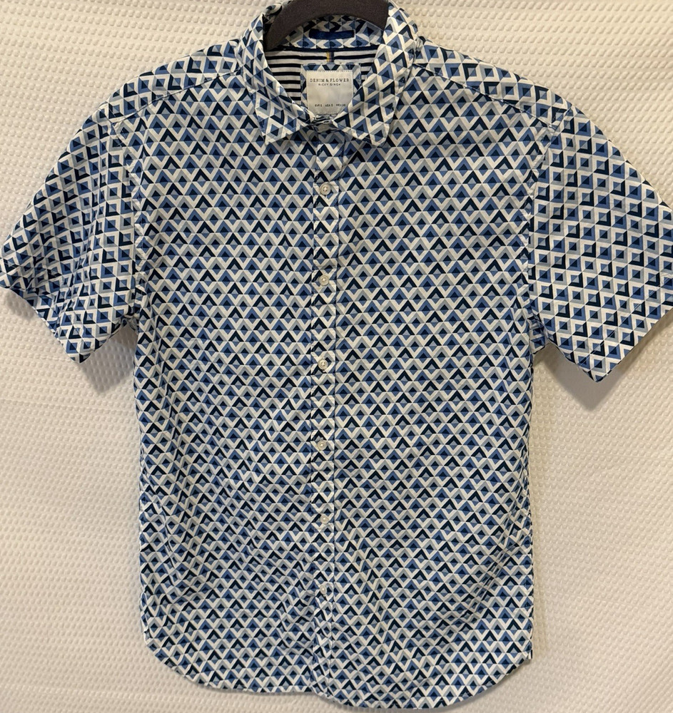 Denim & Flower Ricky Singh Men's Geometric Cotton Short Sleeve Shirt Blue S