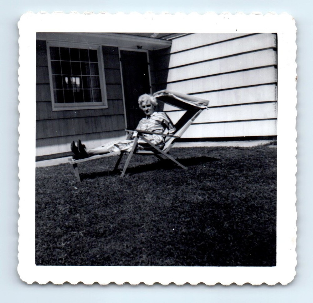 Old Vintage Square Photo SOLO OLDER ELDERLY WOMAN HOUSE LOUNGE CHAIR SNAPSHOT
