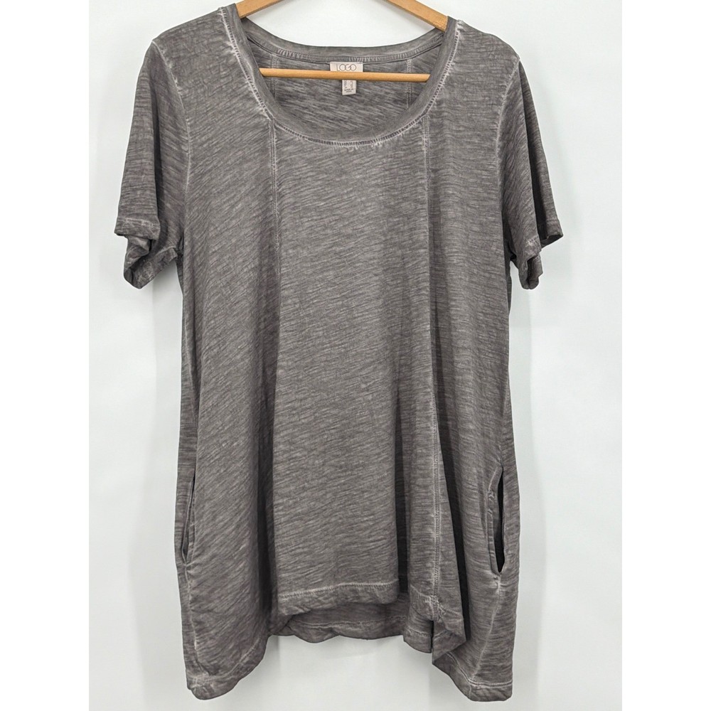 LOGO Lori Goldstein Genesis Gray Acid Wash Cotton Slub Pocket Tunic Top Large