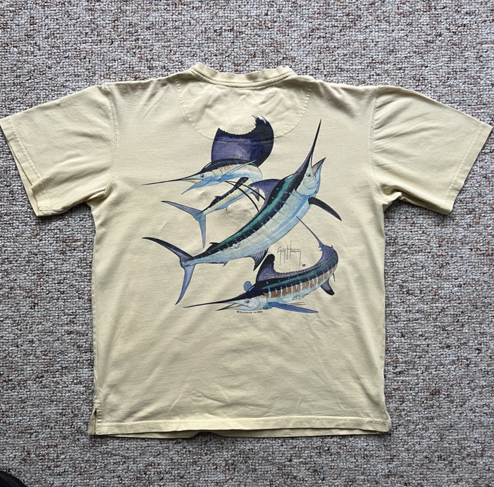 Vintage 2004 Guy Harvey Bluewater Henley T-Shirt Sailfish Marlin Graphic Tee Men