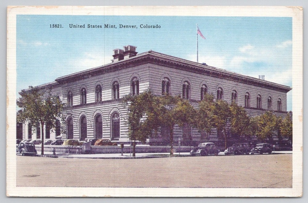 Denver Mint Colorado Postcard Vintage Curt Teich Linen US Flag Cars