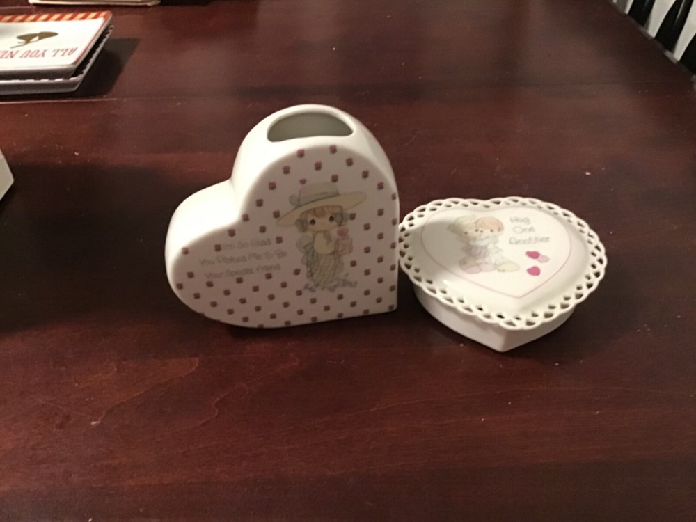 1987 Precious Moments Heart Shaped Vase and Trinket Dish
