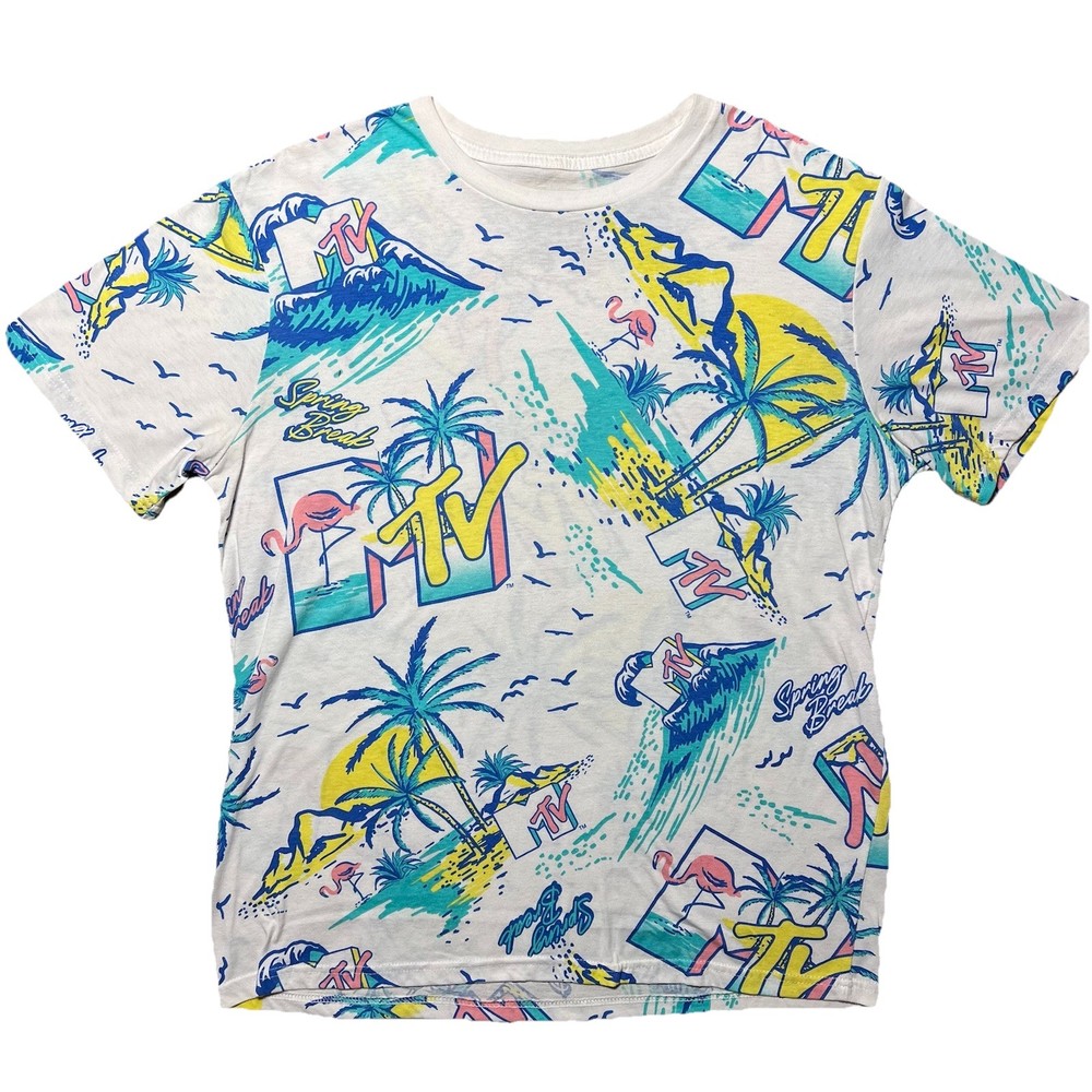MTV Spring Break T Shirt Mens Large White All Over Print Retro 90s Graphic Tee