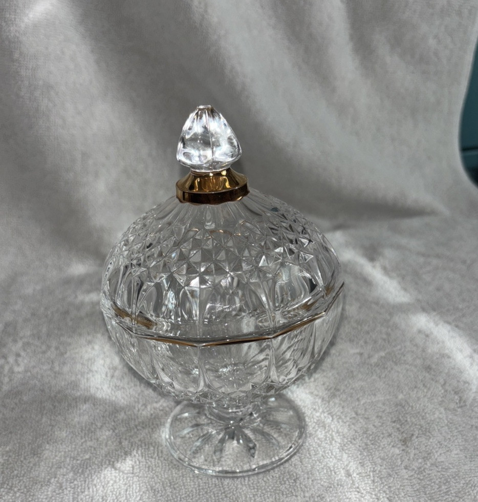 Vintage collectable Candy dish cut glass covered with gold trim 6” tall