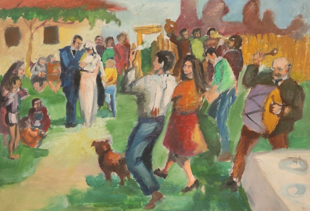 Vintage expressionist gouache painting of wedding signed