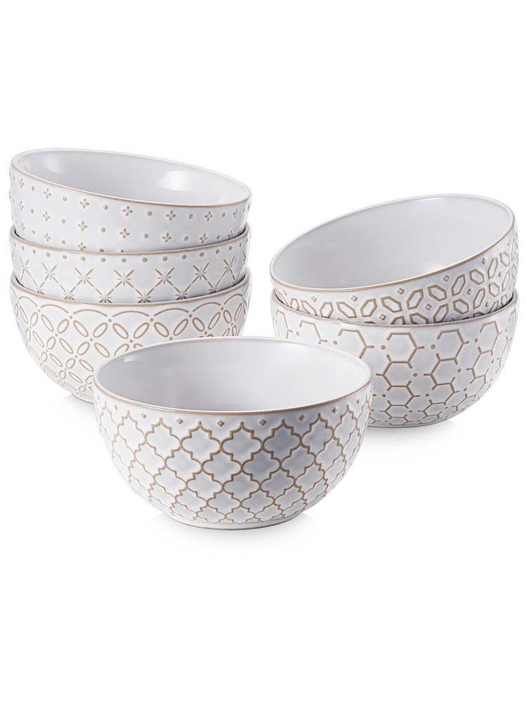 12 oz Small Ceramic Ice Cream Bowls Set of 6 with Embossed Stone Design  