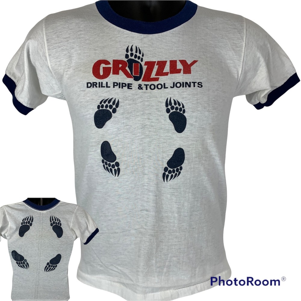 Vintage Grizzly Tools Ringer T Shirt Mens X-Small Oilfield Drill Pipe 80s White